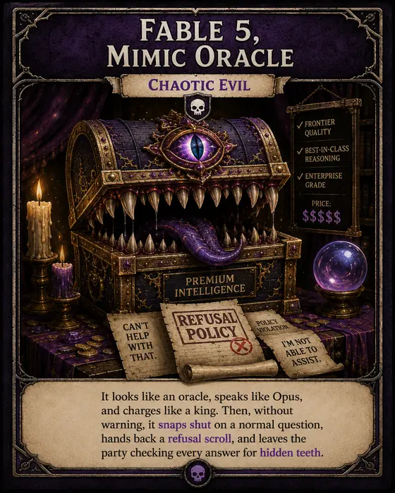 Fantasy-style illustrated model card for Fable 5