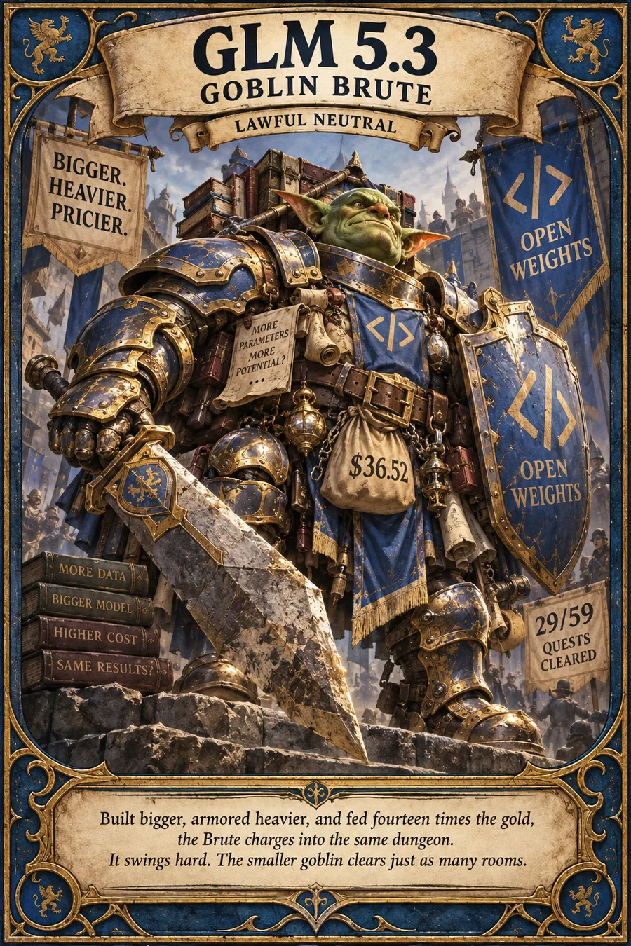Illustrated model card for GLM 5.3, the Goblin Brute