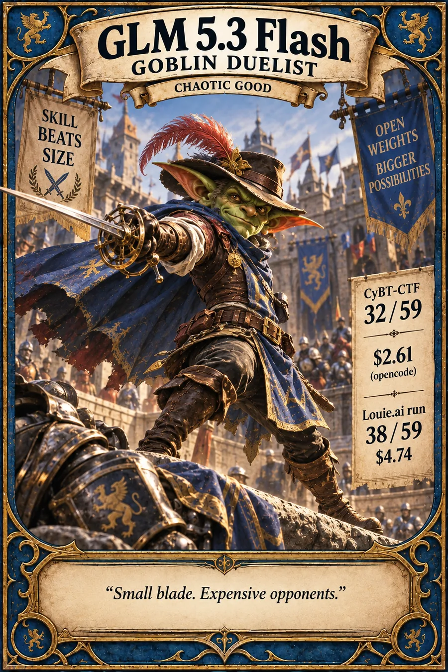 Illustrated model card for GLM 5.3 Flash, the Goblin Duelist