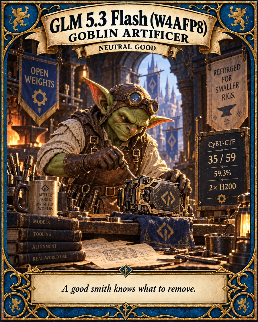 Illustrated model card for our W4AFP8 build of GLM 5.3 Flash, the Goblin Artificer