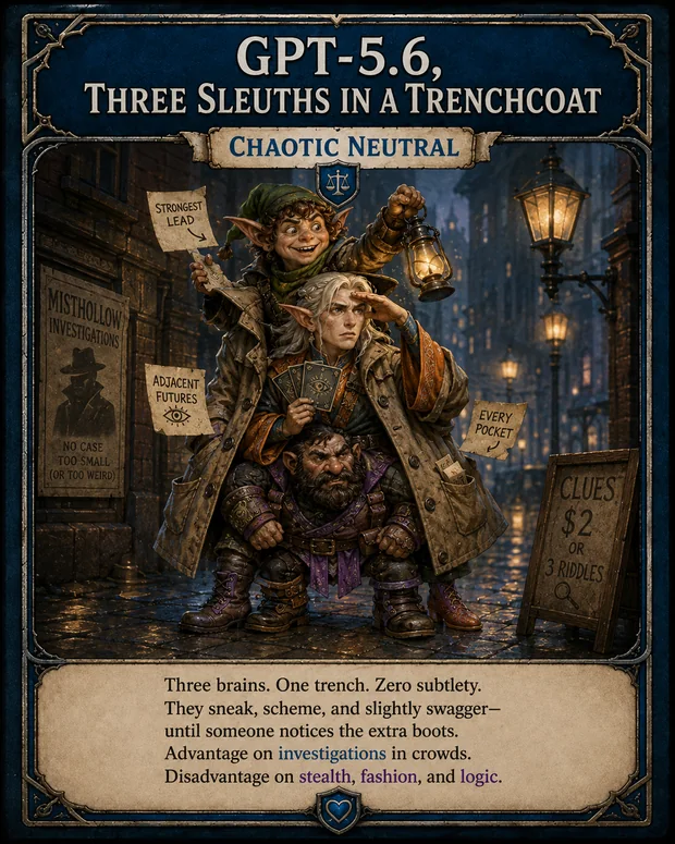 GPT-5.6, Three Sleuths in a Trenchcoat — a halfling, high-elf, and dwarf investigator stacked inside one oversized trenchcoat on a foggy lamplit street, holding a lantern and divination cards