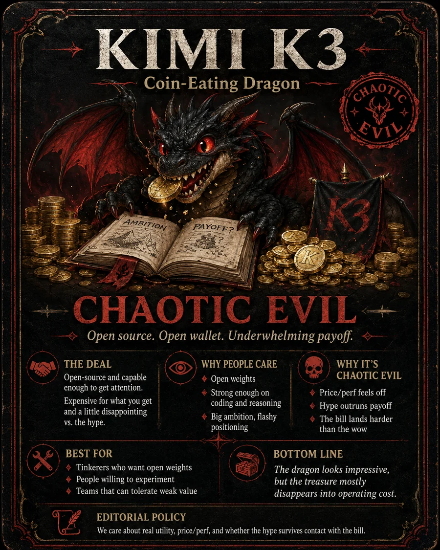 Illustrated model card for Kimi K3, the Coin-Eating Dragon